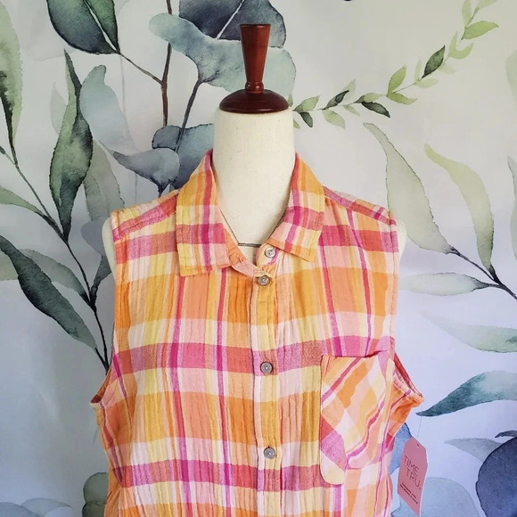 TIME & TRU | Sleeveless Button Down in Orange Plaid sz XXL(20) - Picture 2 of 9